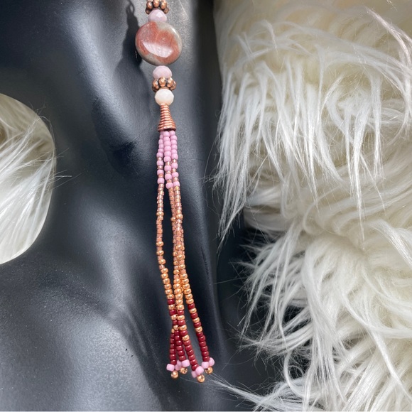 CCO REDUCED Elegant Gray And Pink Agate Beaded Dangle Fringe Earrings - Picture 9 of 15